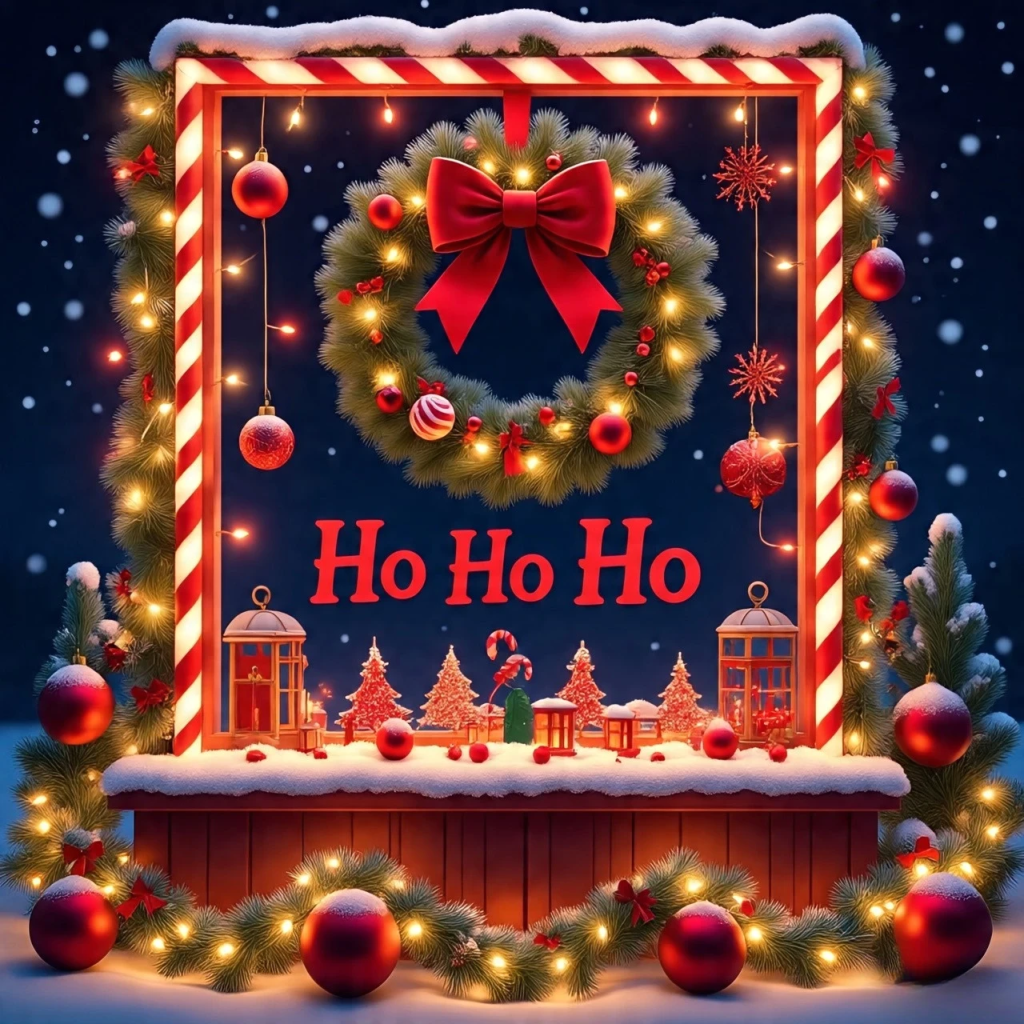 Festive Christmas scene with 'Ho Ho Ho' greeting, wreath, and holiday decorations