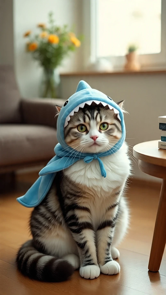 Cat wearing blue shark costume with white teeth, sitting on wooden floor next to a table with books, in a cozy living room with a couch and flowers in the background.