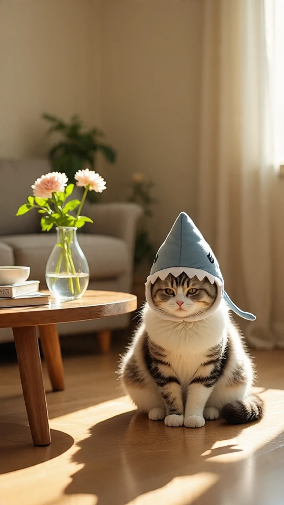 Cat wearing shark costume sitting on wooden floor near coffee table with flowers