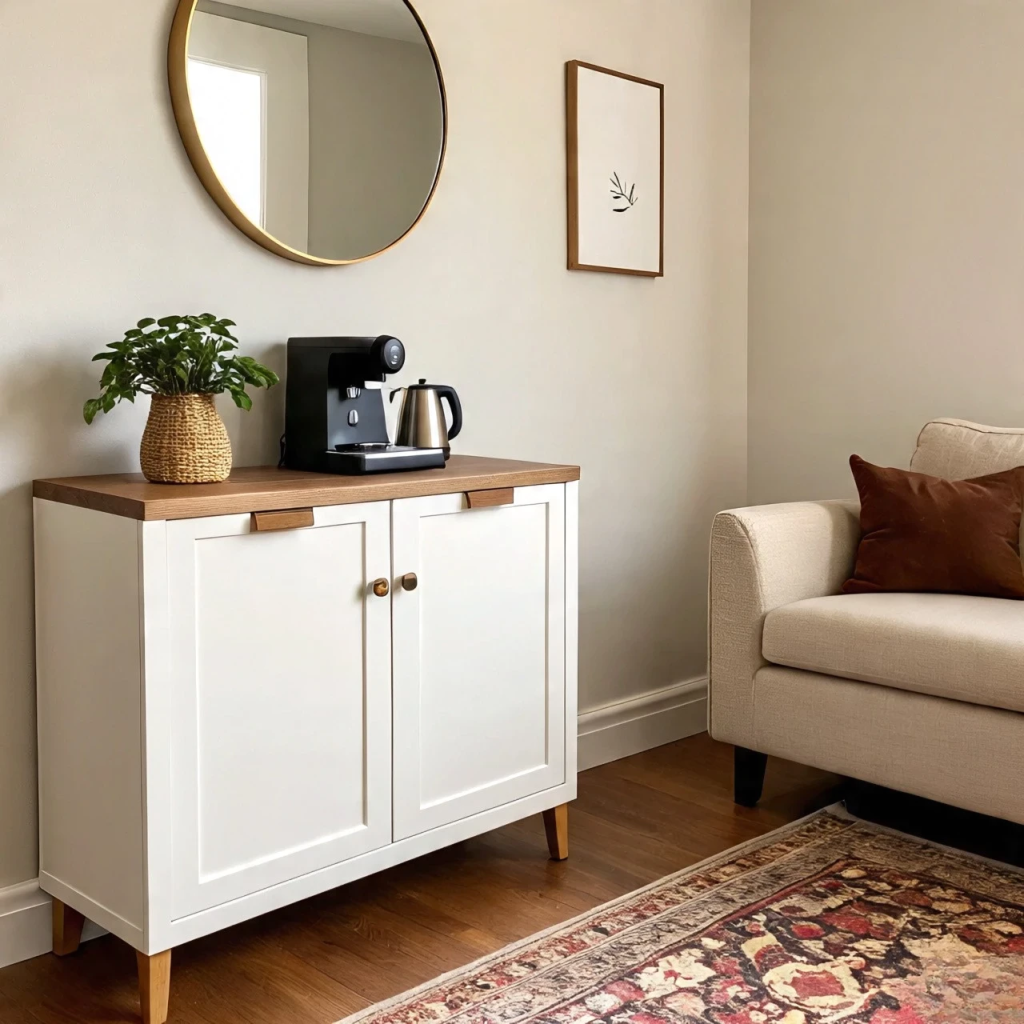 Standing mirror reflecting light in small living room corner