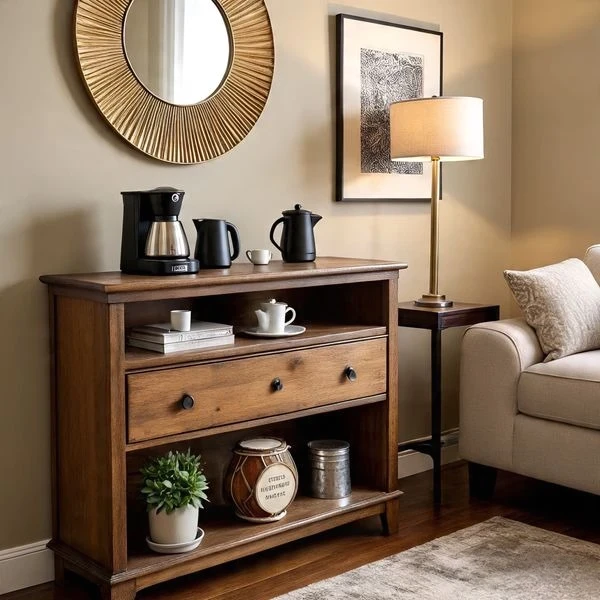 Compact corner desk workstation with wall shelves