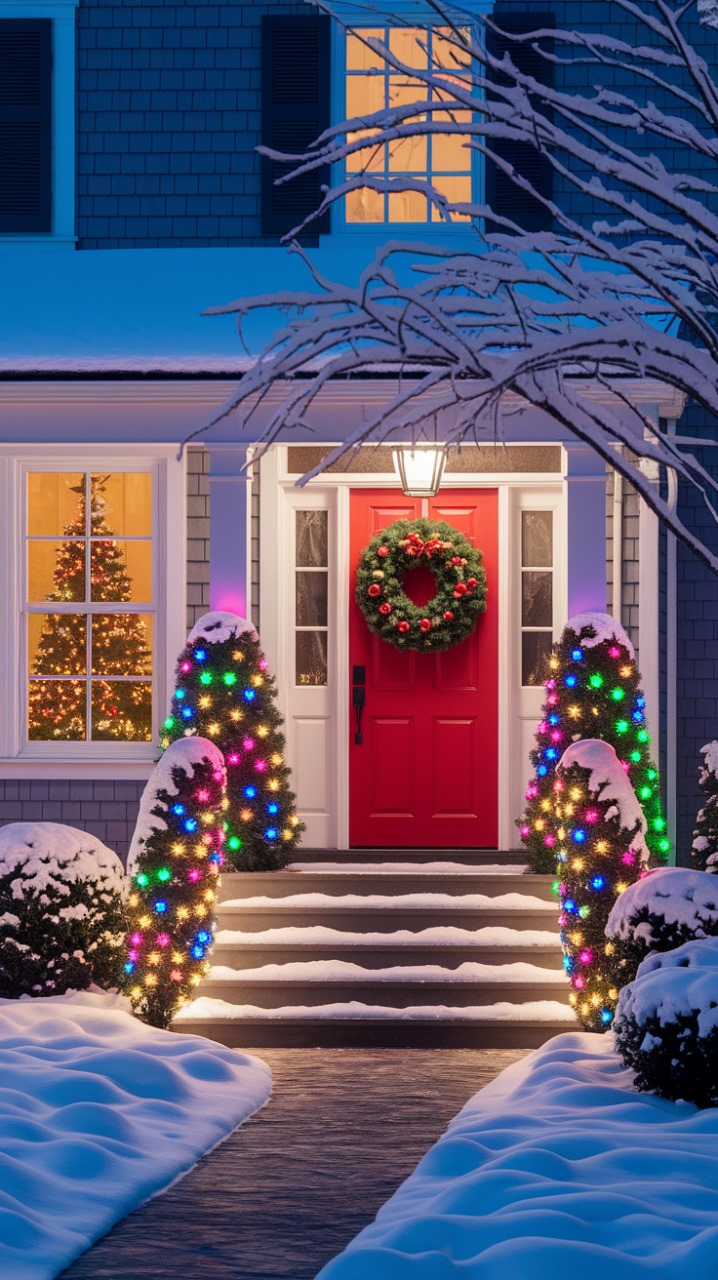A snow-covered house with a red front door adorned with a Christmas wreath, flanked by two small trees decorated with colorful lights, and a pathway leading to the entrance