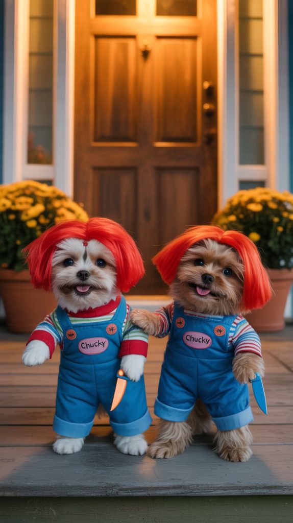 Two small dogs, one white and one brown, dressed in matching Chucky costumes, standing on a porch with a house door and yellow flowers in the background.