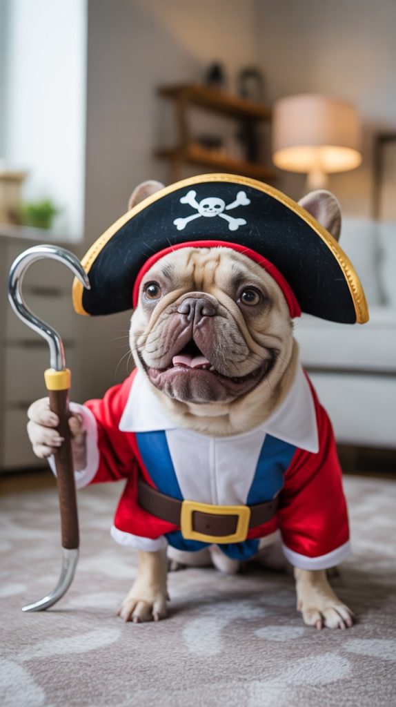 French Bulldog in pirate costume with hook and hat, standing on a carpeted floor in a living room