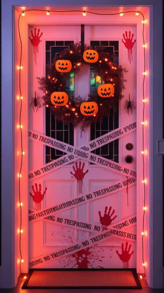 A warm Halloween doorway decorated with a rustic wreath and flanked by stacks of glowing pumpkins, accented with fallen leaves and a whimsical witch figure for seasonal charm.