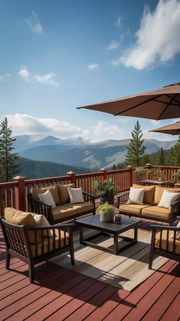 Cozy covered cabin deck with wood-burning stove and roof