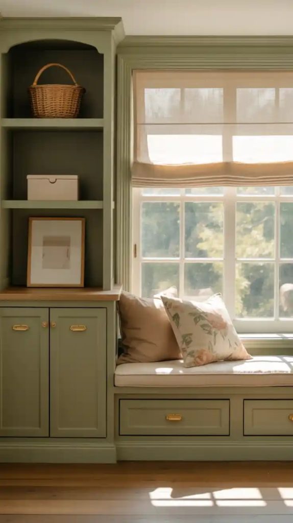 A stylish corner window nook with a cushioned bench, adorned with orange and beige pillows, under a large window with sheer curtains. Built-in shelves with books and decor add warmth, with a green tree view.