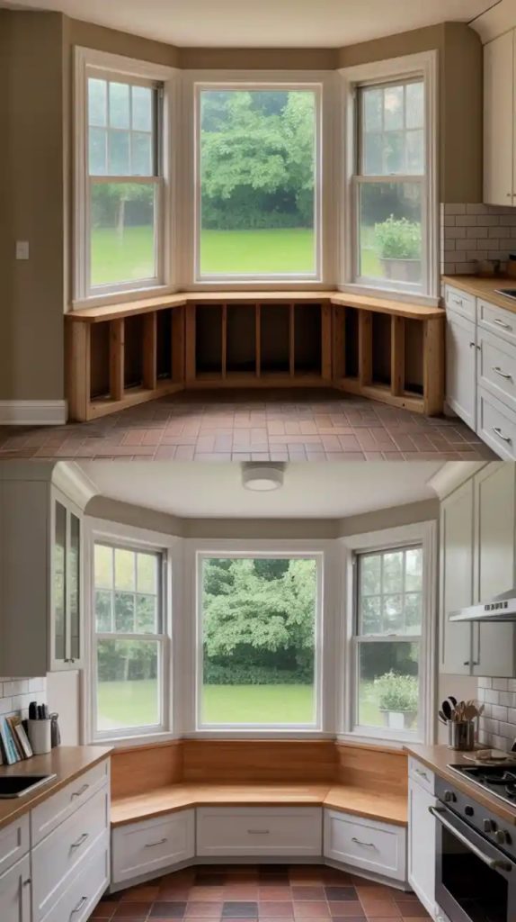 A lovely green window bench with a cushioned top, featuring floral and solid pillows in soft colors, under a large window with a sheer shade. Green cabinets with brass handles enhance the greenery view.