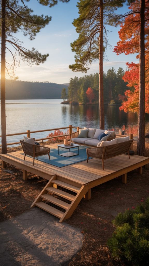 Multi-level cabin deck with dining and lounging areas on a wooded slope