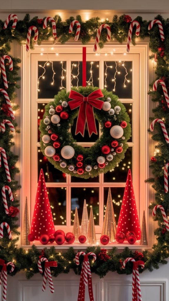 Festive window decorated with a Christmas wreath, candy canes, garland, lights and red holiday accents.