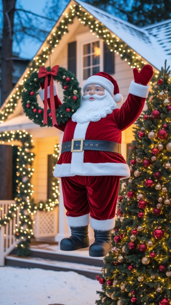 Outdoor Christmas decoration featuring Santa Claus holding a wreath, festive lights and a decorated Christmas tree.