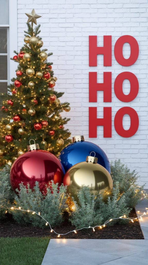 Festive outdoor Christmas tree with lights, large ornaments and /Ho Ho Ho sign.