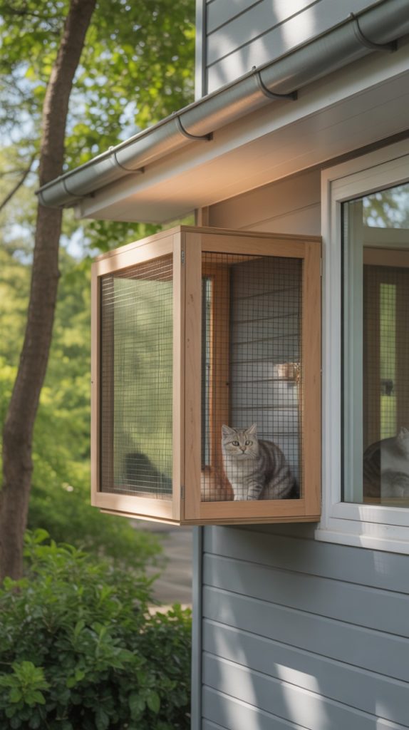 A cat sitting comfortably in a wooden catio attached to a house window, surrounded by lush greenery and trees