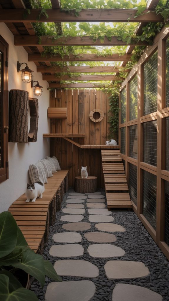 A beautifully designed cat enclosure with a wooden structure, pergola, and lush greenery, providing a safe and stimulating outdoor space for cats to explore and relax