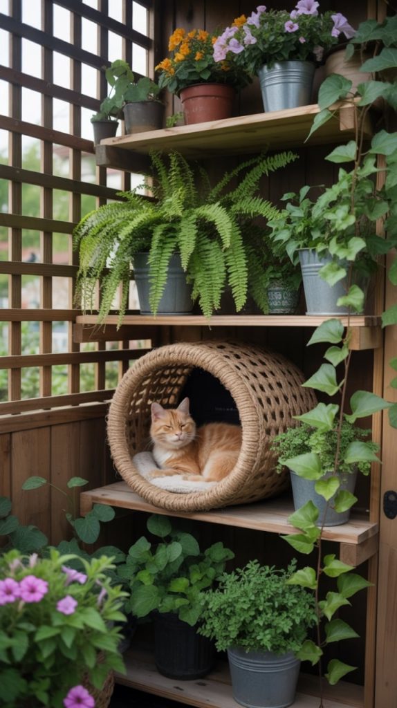 A tranquil outdoor setting featuring a wooden shelving unit adorned with potted plants, including ferns and flowering varieties, with a cat resting comfortably in a wicker basket on the second shelf.