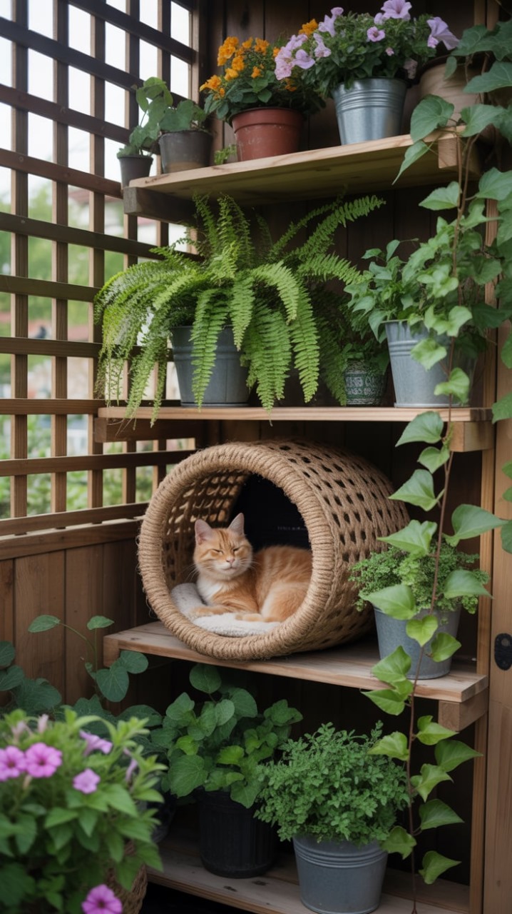 Wooden outdoor shelf with potted plants and a cat resting in a wicker basket