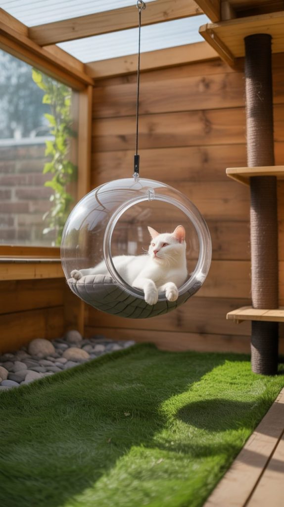A serene white cat lounges comfortably inside a transparent bubble chair suspended from the ceiling, surrounded by a wooden enclosure and artificial grass