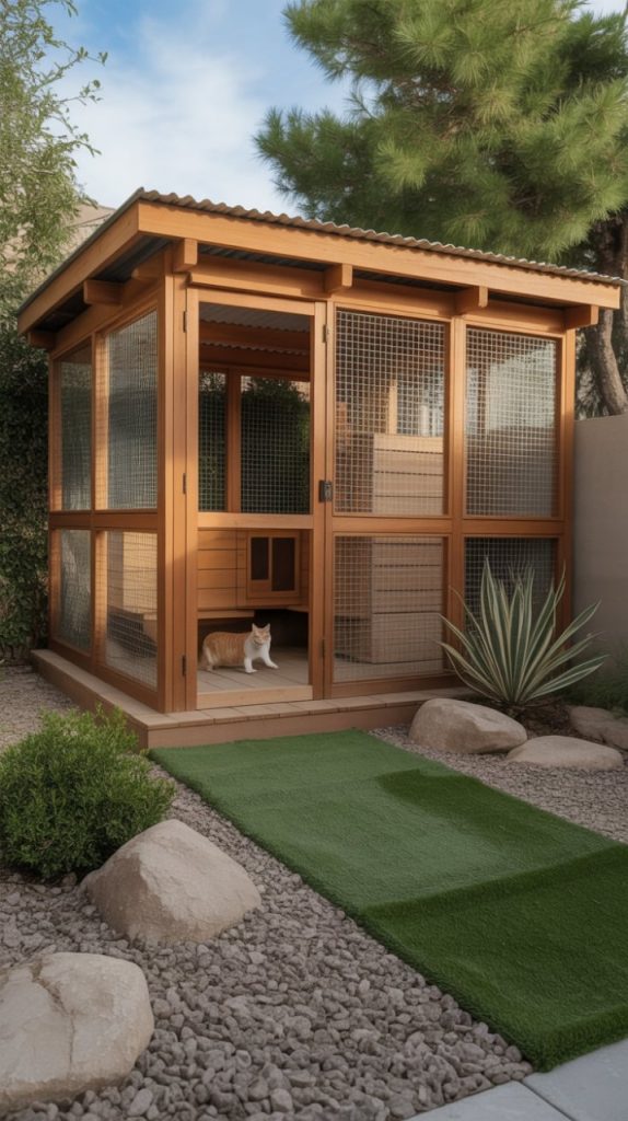 A cat standing inside a wooden outdoor enclosure with wire mesh walls and a tiled floor, surrounded by a well-manicured garden with rocks, plants, and artificial grass