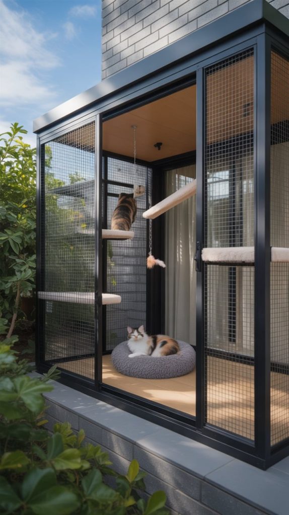 A spacious outdoor cat enclosure with black metal framing and wire mesh walls, featuring multiple perches, a plush bed, and two calico cats lounging inside on a sunny day.