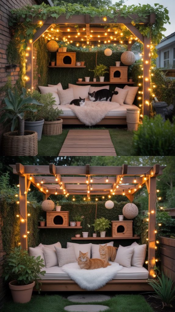 A beautifully designed outdoor cat lounge featuring a wooden pergola adorned with string lights, a comfortable seating area for cats, and lush greenery surrounding the space. Two different scenes show black and white cats and orange cats lounging on the cozy setup.