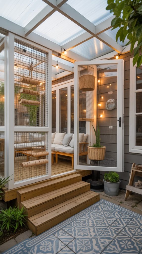 A serene outdoor patio featuring a catio, comfortable seating area, and warm string lights, perfect for relaxation and enjoying nature