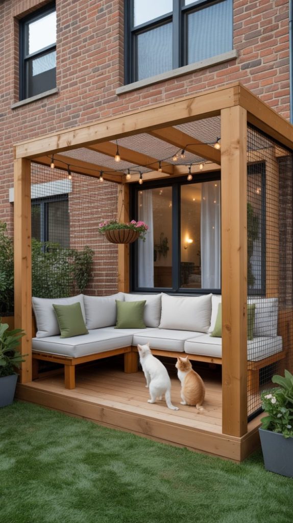 A serene outdoor seating area featuring a wooden pergola with string lights, a comfortable sectional sofa, and two cats enjoying the ambiance in a lush green backyard