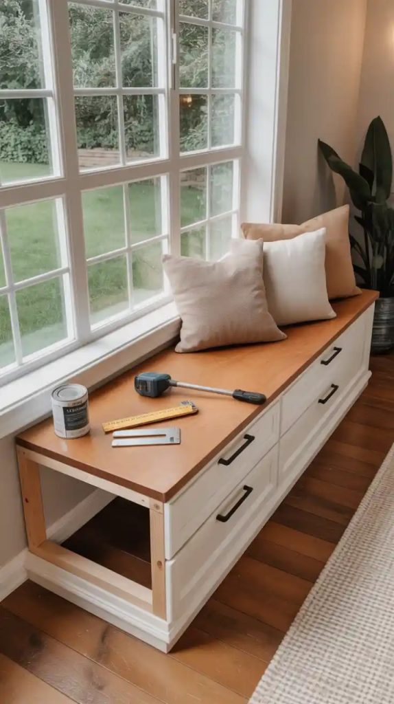 A charming green window bench with a cushioned top, decorated with floral and solid pillows in soft colors, placed under a large window with a sheer shade. The bench features green cabinets with brass handles and overlooks a greenery-filled view.