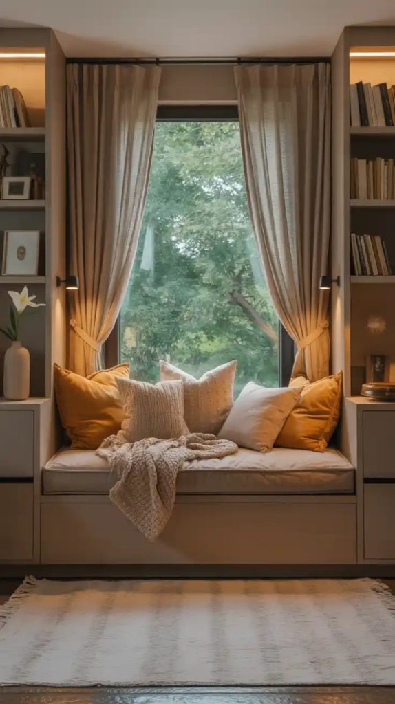 A modern corner bench with a cushioned seat, decorated with orange and beige pillows, placed under a large window with sheer curtains. The bench is surrounded by built-in shelves filled with books and decor, enhanced by warm lighting and a view of green trees.Image 9: