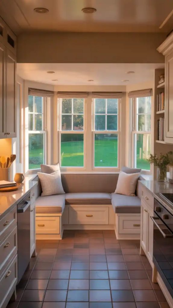 A serene window seat with a cushioned top, adorned with neutral pillows, positioned under a large window with sheer curtains. The seat is flanked by built-in shelves with books and a warm lamp, offering a view of a green outdoor scene.