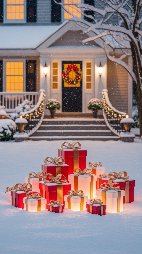 A serene winter scene featuring a house adorned with Christmas decorations, surrounded by snow-covered gifts in the foreground, evoking a sense of holiday cheer and warmth.