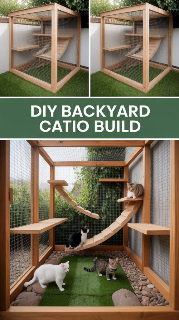 Image of a DIY backyard catio build featuring a wooden structure with multiple levels and a ramp, surrounded by a wire mesh enclosure, providing a safe outdoor space for cats to explore and play.