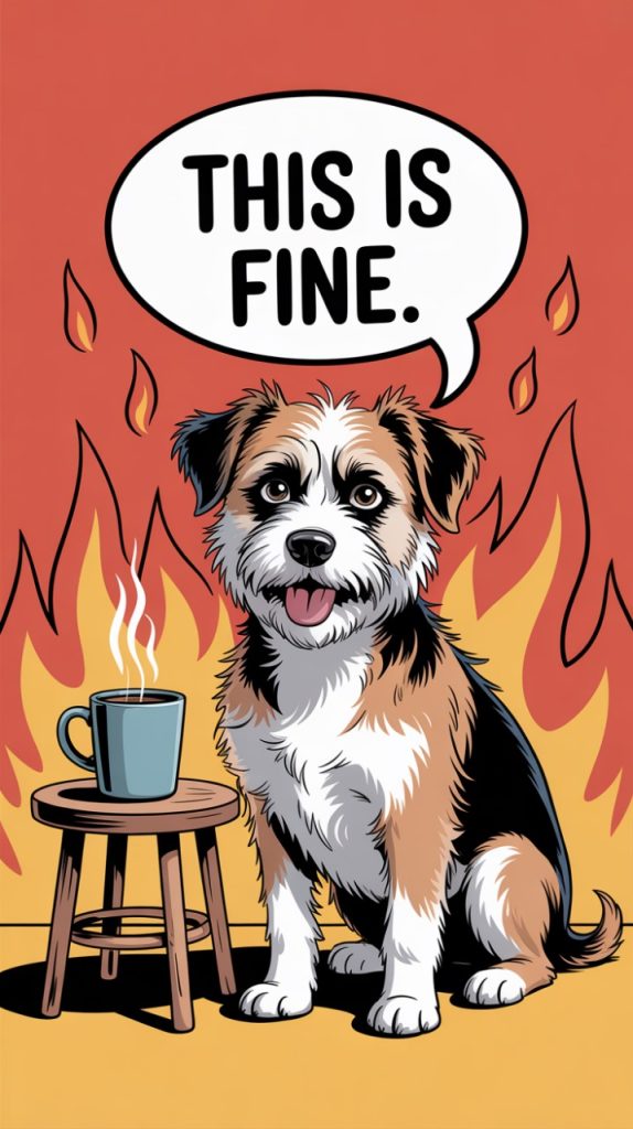 Cartoon dog with coffee amidst flames saying 'This is Fine