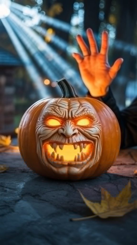 A pumpkin carved with a swarm of bats flying across its surface