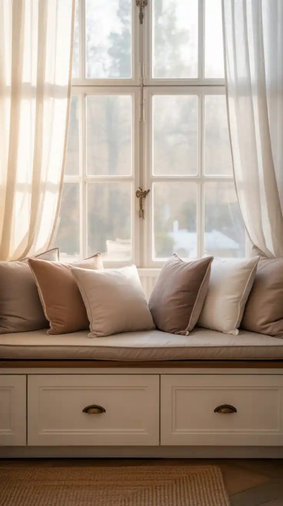 A cozy window nook featuring a cushioned bench with orange and beige pillows and a knitted throw, set under a large window with sheer curtains. The nook is flanked by built-in shelves with books and warm ambient lighting, overlooking a lush green view.