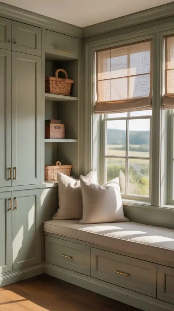 A cozy window nook with a cushioned bench, adorned with orange and beige pillows and a knitted throw, under a large window with sheer curtains. Built-in shelves with books and warm lighting offer a green outdoor view.