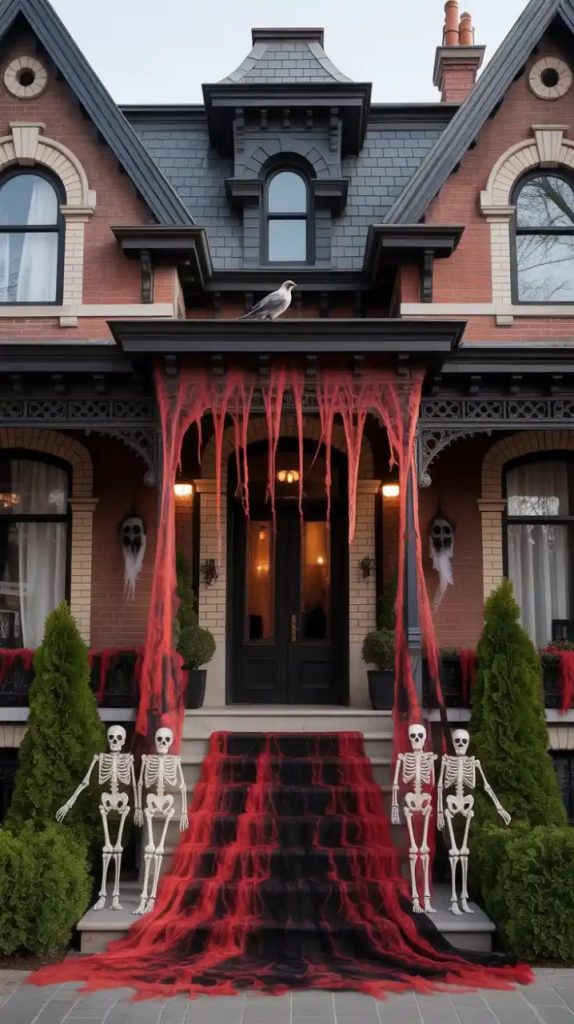 A house transformed for Halloween with a large blue ghost projection on the front, complemented by purple lights along the porch and glowing jack-o'-lanterns on the steps.