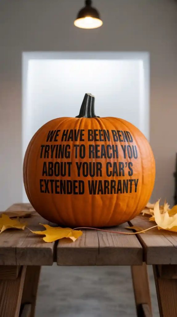 An uncarved pumpkin with "WE HAVE BEEN TRYING TO REACH YOU ABOUT YOUR CAR'S EXTENDED WARRANTY" written on it, sitting on a rustic wooden table with a few autumn leaves around it.