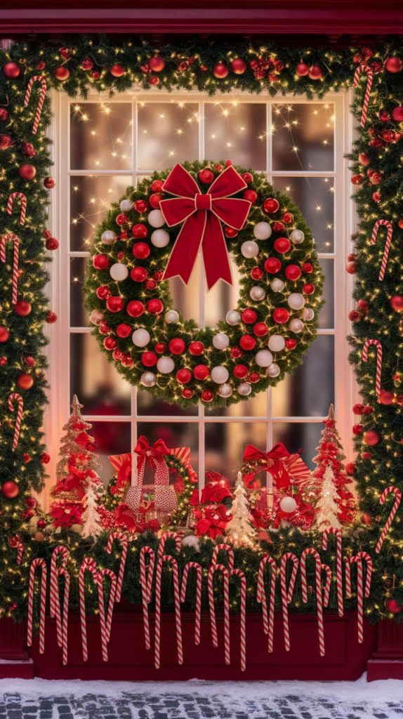 Christmas window decoration featuring a red and white ornament wreath, candy canes and festive lights