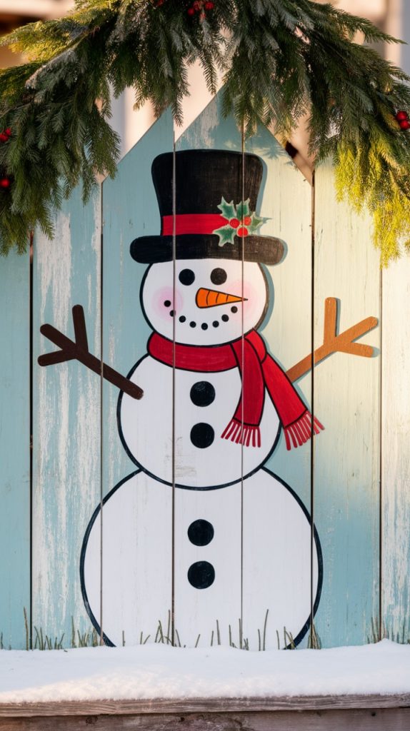 A cheerful snowman painted on a light blue wooden fence, adorned with a red scarf and black top hat, surrounded by evergreen branches and holly berries, evoking a winter holiday atmosphere.