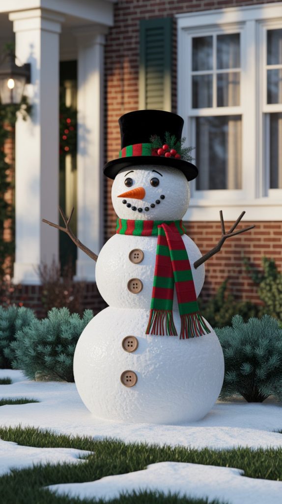 A cheerful snowman stands in the front yard of a brick house, adorned with a black top hat, red and green striped scarf, and stick arms, surrounded by snow-covered grass and evergreen bushes