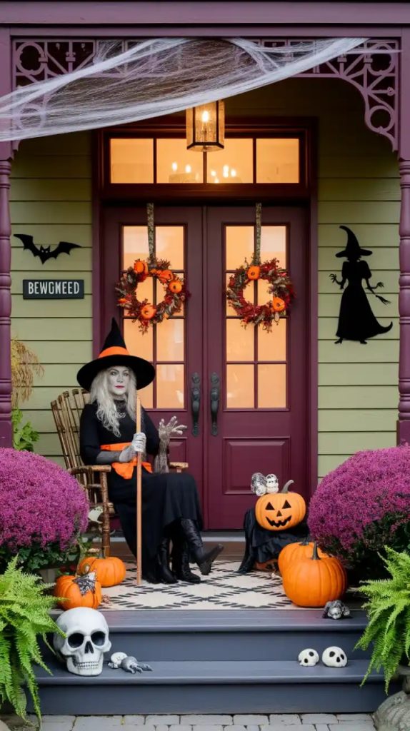 A Halloween window display with a skeleton illuminated by green light, framed by red string lights on a brick wall, featuring ghostly figures and curtains for a haunting effect.