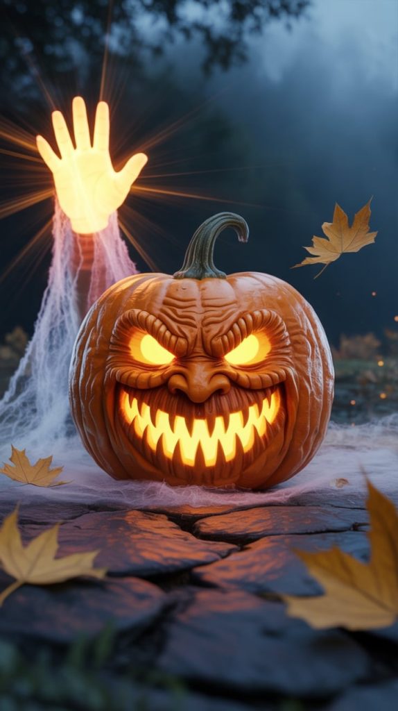 A pumpkin carved with a detailed skull design, placed on a patio table with a few scattered pumpkins.
