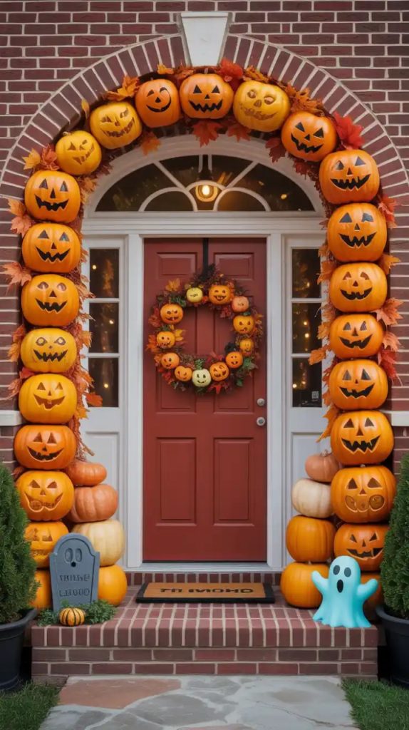 A Halloween-decorated house featuring a green ghost projection on the upper facade, red lights along the porch, and glowing skulls and wreaths on the steps for a festive night look.