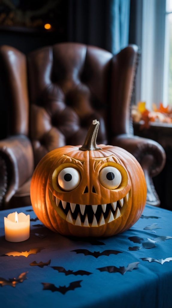 A carved pumpkin featuring a crescent moon with a spooky face, illuminated by a soft glow