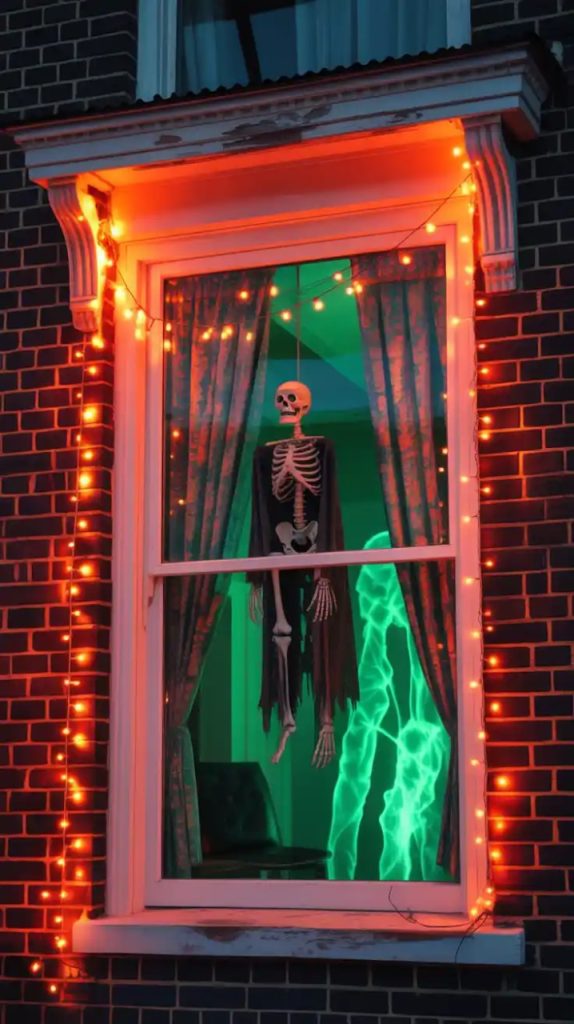 A house adorned with a green ghost projection on the upper facade, red string lights on the porch, and glowing skulls and wreaths on the steps, creating a haunted Halloween vibe