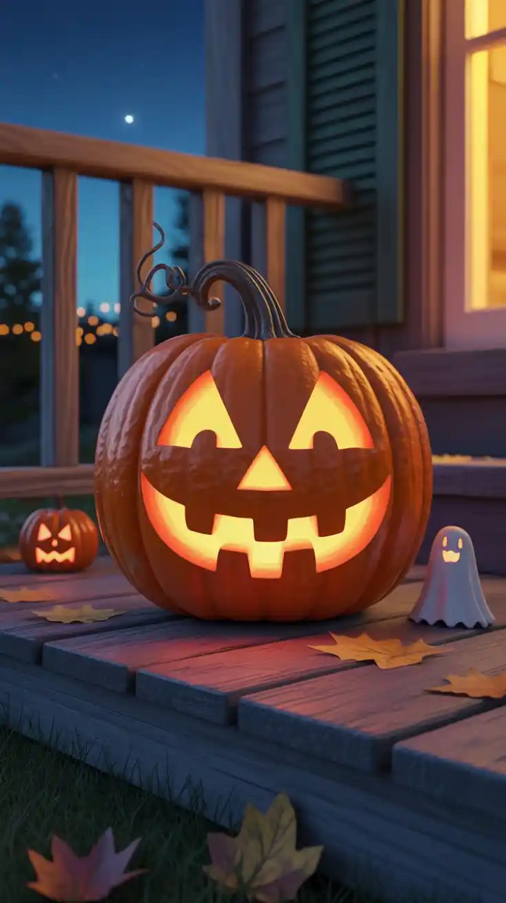 A pumpkin carved with a twisted, haunted tree design