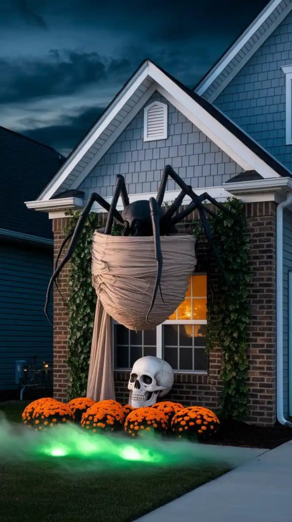 A haunted house illuminated by a green ghost projection on the upper wall, accented with red string lights along the porch and glowing skulls on the steps for a eerie Halloween vibe.