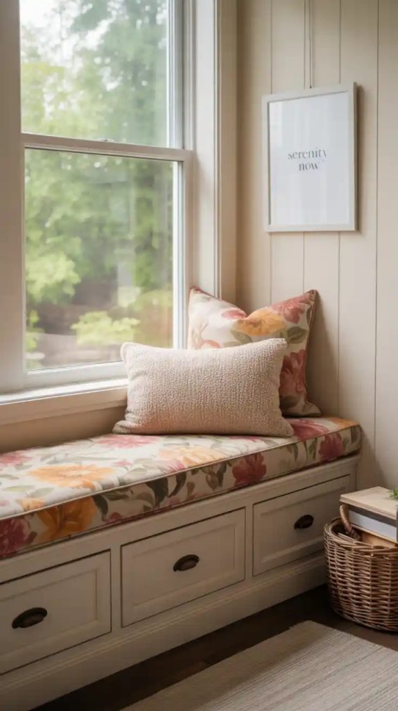 A charming green window seat with a cushioned top, decorated with floral and solid pillows in soft colors, placed under a large window with a sheer roman shade. The seat features green cabinets with brass handles and is set against a window with a view of greenery.