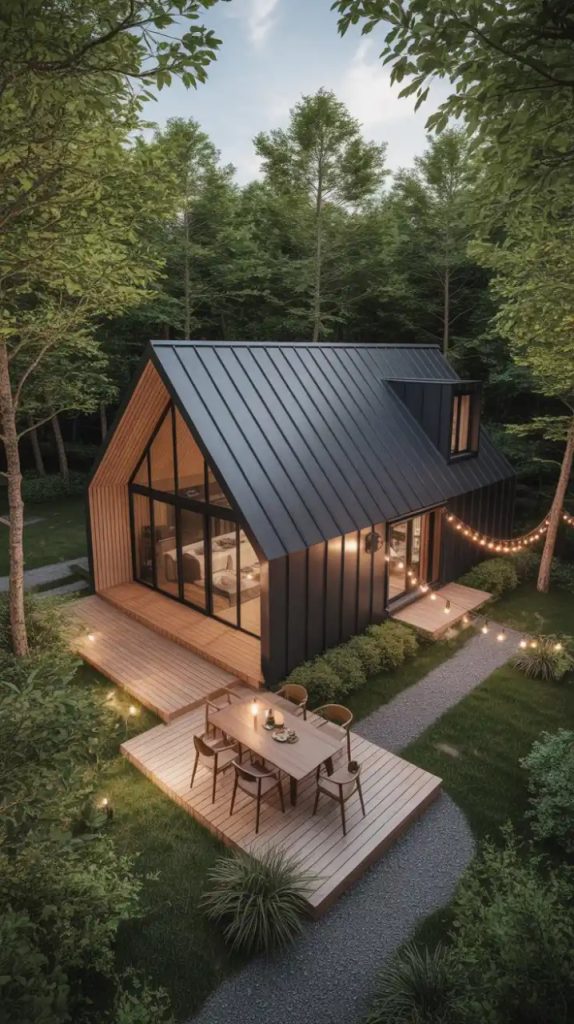 Rustic cabin deck with rocking chairs, vintage lantern, and forest backdrop
