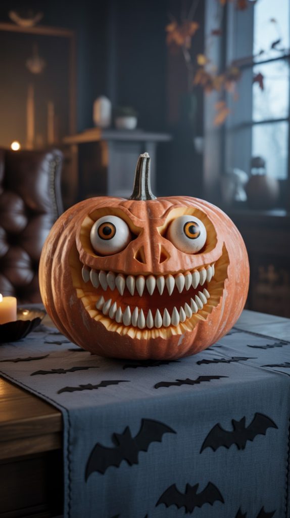A pumpkin carved with a ghostly figure.